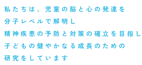私たちは、児童の脳と心の発達を分子レベルで解明し精神疾患の予防と対策の確立を目指し、子供の健やかなる成長のための研究をしています。